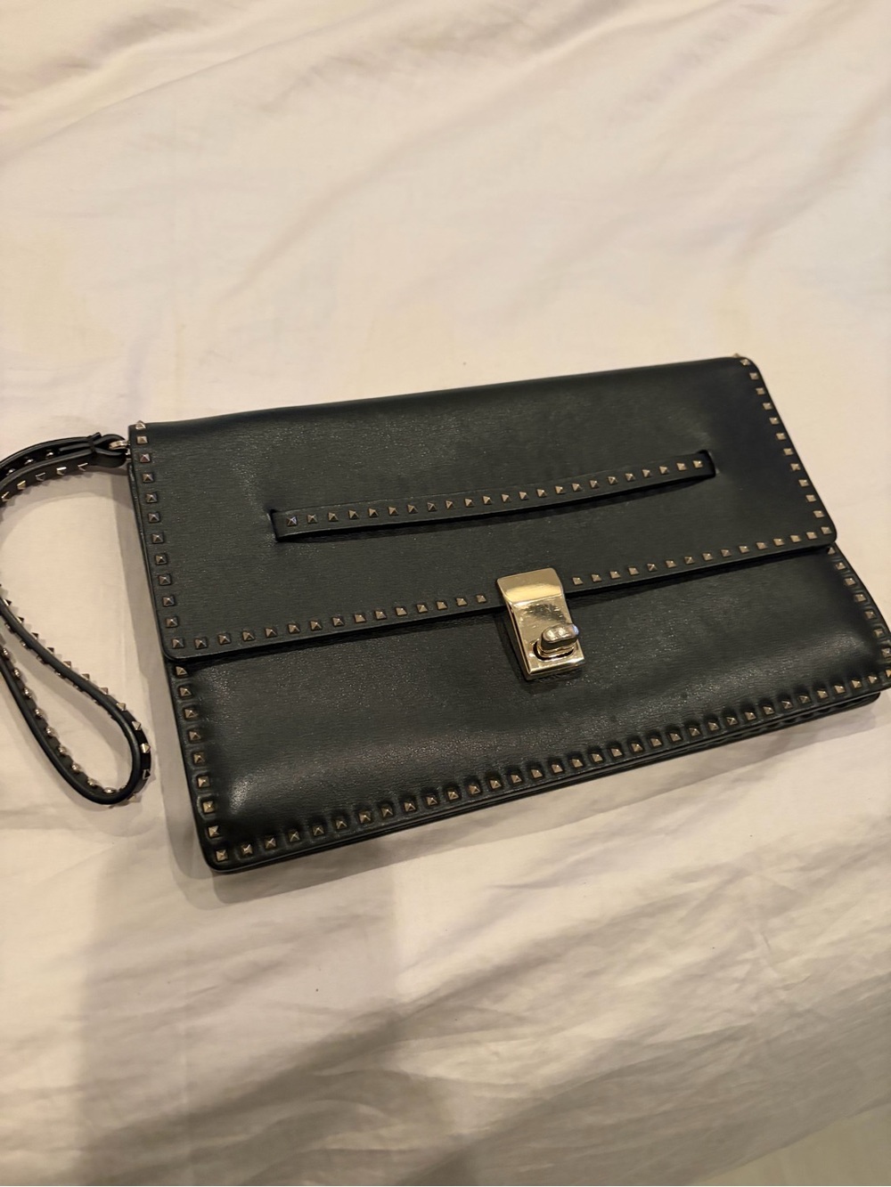 Valentino Black Leather Stud-Trim Wristlet Clutch with Gold Hardware